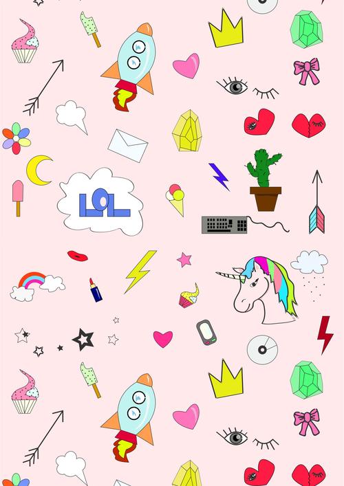 儿童粉色卡通独角兽飞船彩虹矢量图服装面料数码印花花型材料
